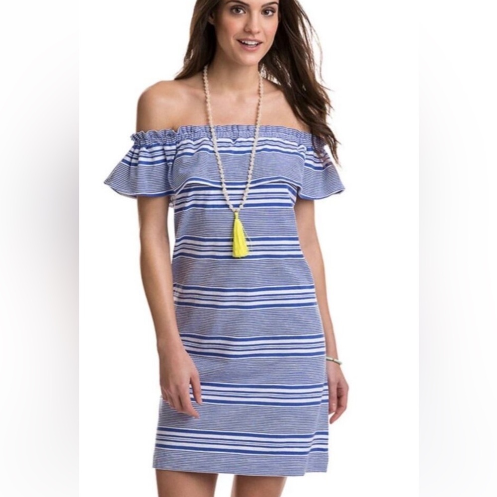 Vineyard Vines Yard Dyed Cotton Blend Off the Shoulder Striped Dress SZ S